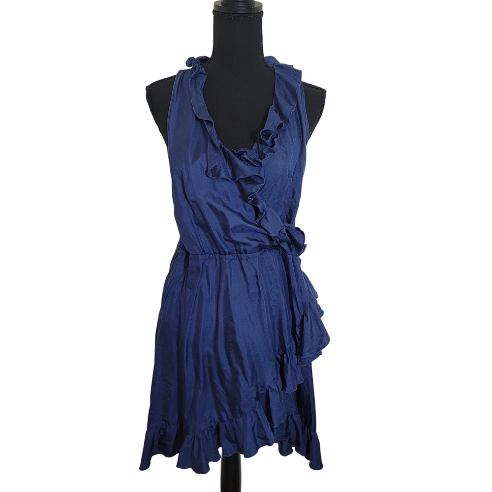 LA Made 100%‎ Silk Ruffle Dress Blue Medium Knee Length Sleeveless Asymmetrical